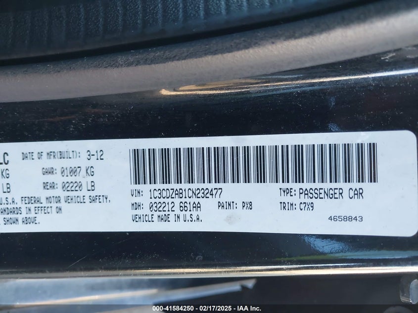 2012 DODGE AVENGER VIN: 1C3CDZAB1CN232477