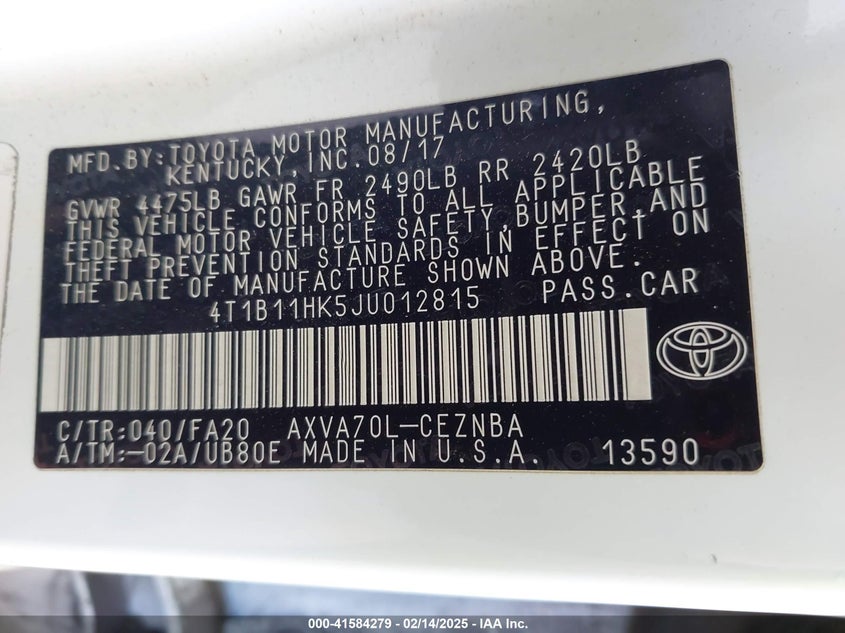 2018 TOYOTA CAMRY VIN: 4T1B11HK5JU012815