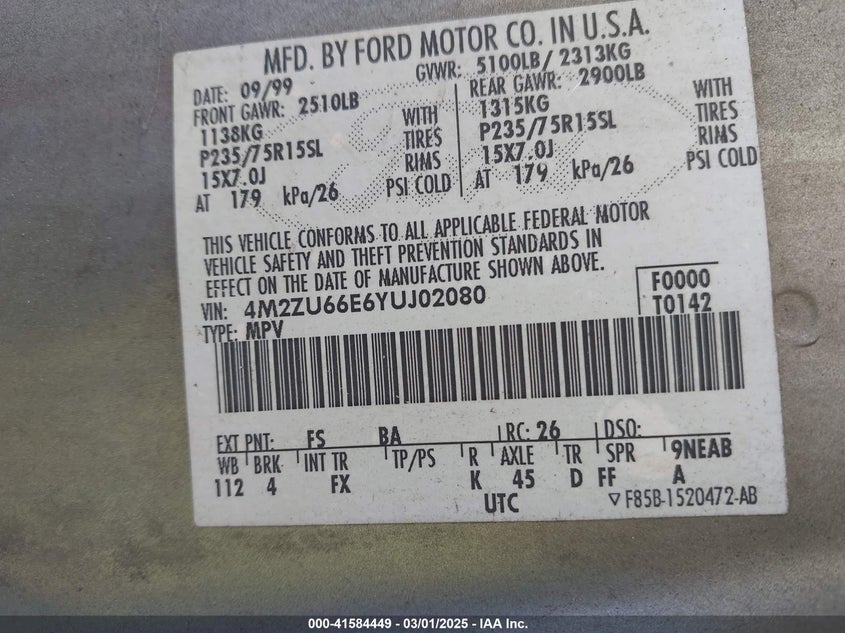 2000 Mercury Mountaineer VIN: 4M2ZU66E6YUJ02080 Lot: 41584449