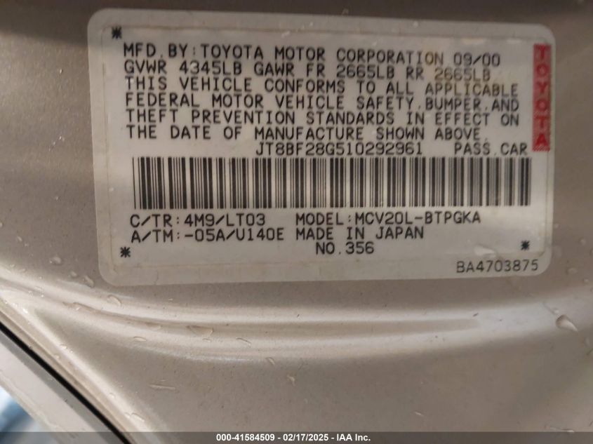 2001 Lexus Es 300 VIN: JT8BF28G510292961 Lot: 41584509