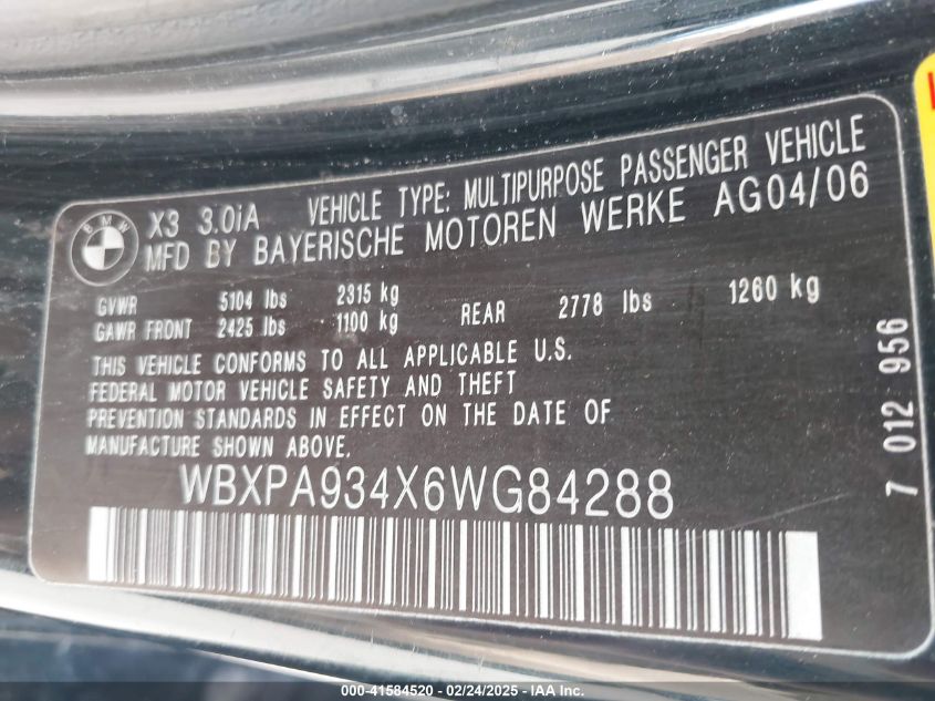 2006 BMW X3 3.0I VIN: WBXPA934X6WG84288 Lot: 41584520