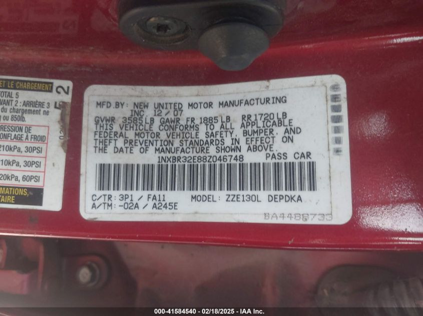 2008 Toyota Corolla Ce VIN: 1NXBR32E88Z046748 Lot: 41584540