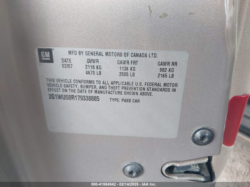 2007 CHEVROLET IMPALA VIN: 2G1WU58R179338885