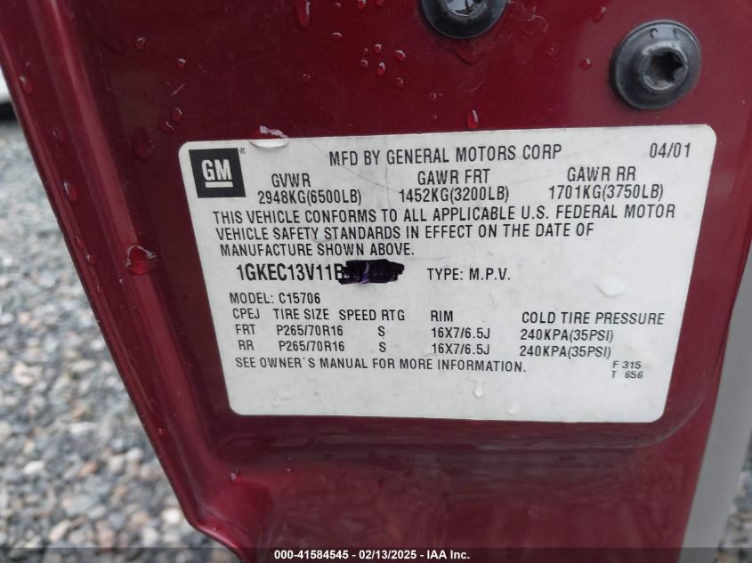 2001 GMC Yukon Slt VIN: 1GKEC13V11R191147 Lot: 41584545