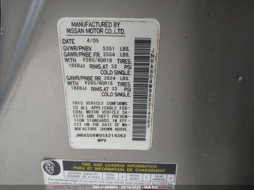 2005 Infiniti Fx35 VIN: JNRAS08W95X214362 Lot: 41584603