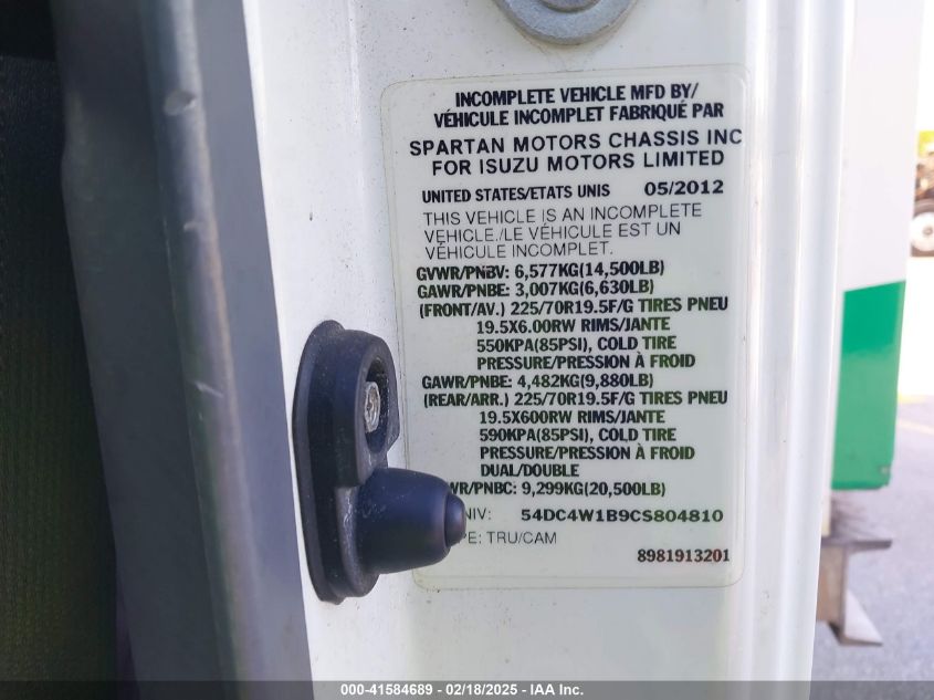 2012 Isuzu Npr Gas Reg VIN: 54DC4W1B9CS804810 Lot: 41584689