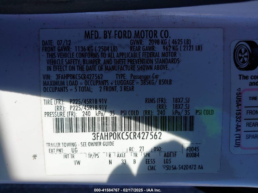 2012 FORD FUSION VIN: 3FAHP0KC5CR427562