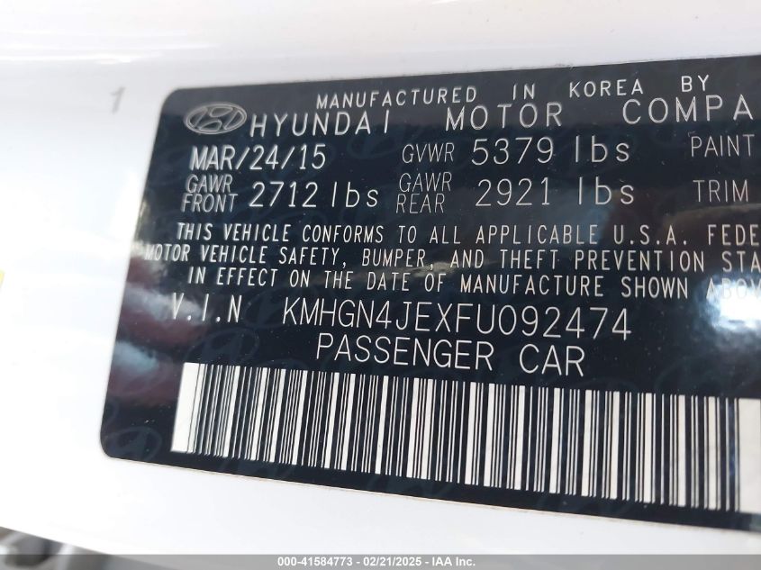 2015 Hyundai Genesis 3.8 VIN: KMHGN4JEXFU092474 Lot: 41584773