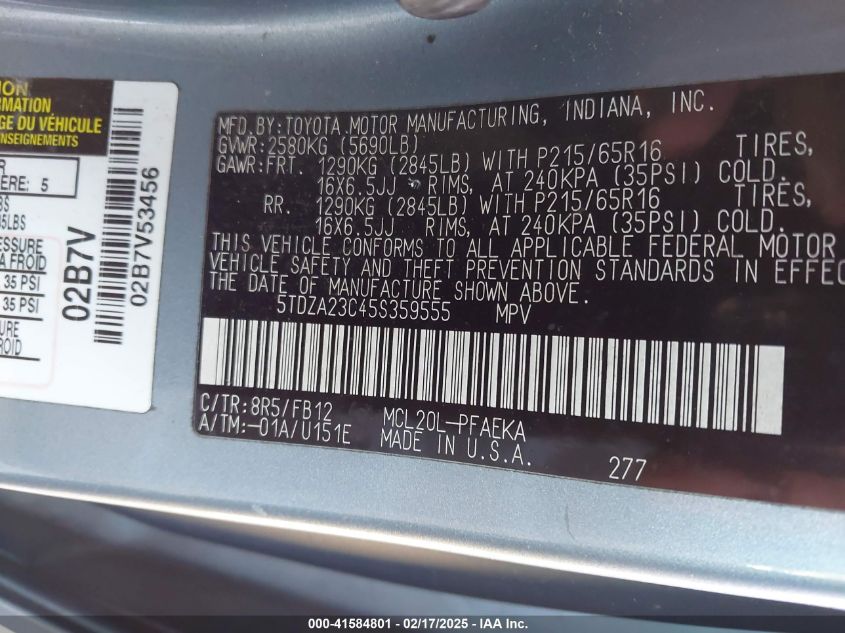 2005 Toyota Sienna Le VIN: 5TDZA23C45S359555 Lot: 41584801