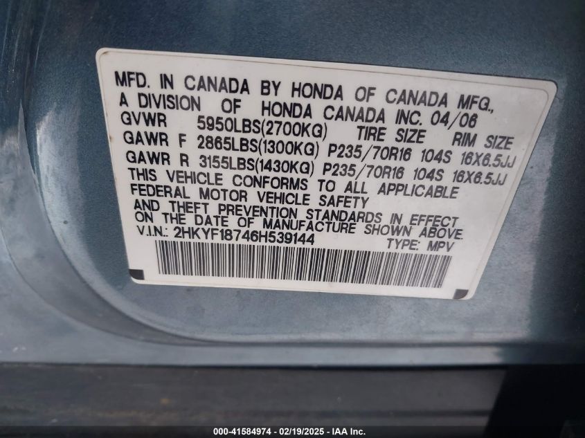 2006 Honda Pilot Ex-L VIN: 2HKYF18746H539144 Lot: 41584974