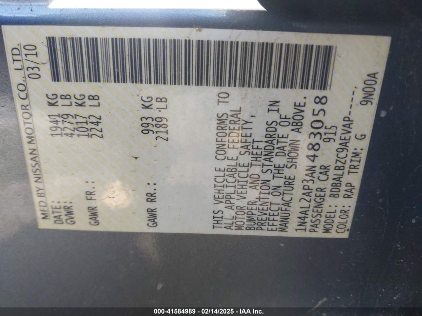 2010 Nissan Altima 2.5 S VIN: 1N4AL2AP3AN483058 Lot: 41584989