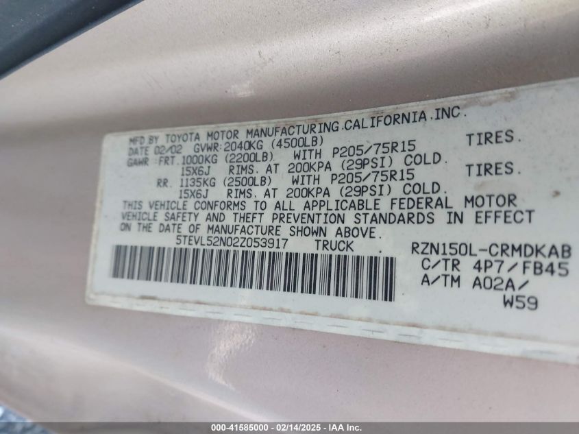 2002 Toyota Tacoma VIN: 5TEVL52N02Z053917 Lot: 41585000