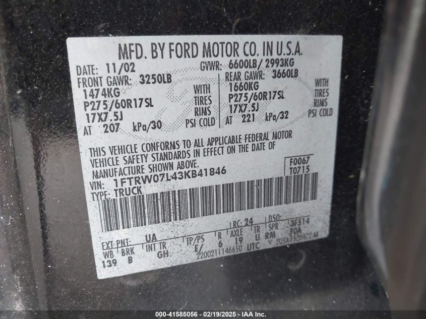 2003 Ford F-150 Lariat/Xlt VIN: 1FTRW07L43KB41846 Lot: 41585056