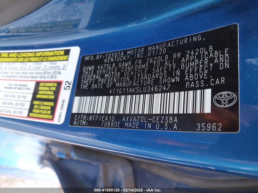 2020 TOYOTA CAMRY VIN: 4T1G11AK5LU346247