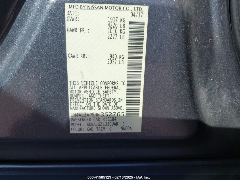 2017 NISSAN ALTIMA VIN: 1N4AL3AP9HN352765