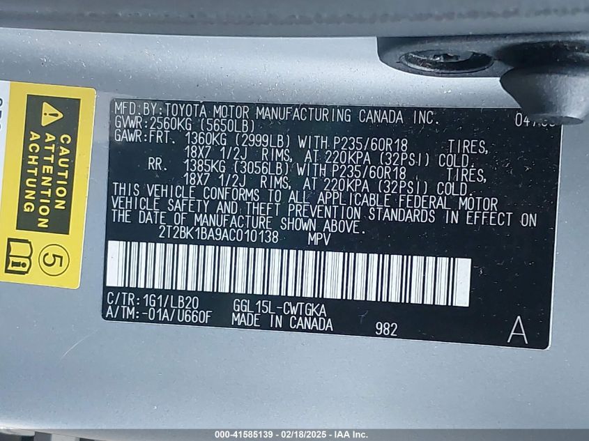 2010 Lexus Rx 350 VIN: 2T2BK1BA9AC010138 Lot: 41585139