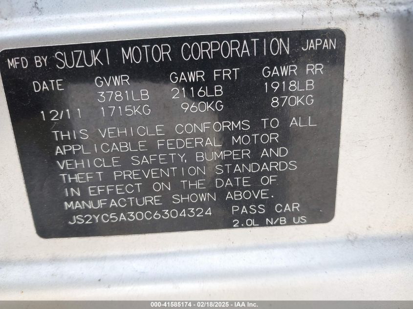 2012 Suzuki Sx4 Le/Le Popular VIN: JS2YC5A30C6304324 Lot: 41585174