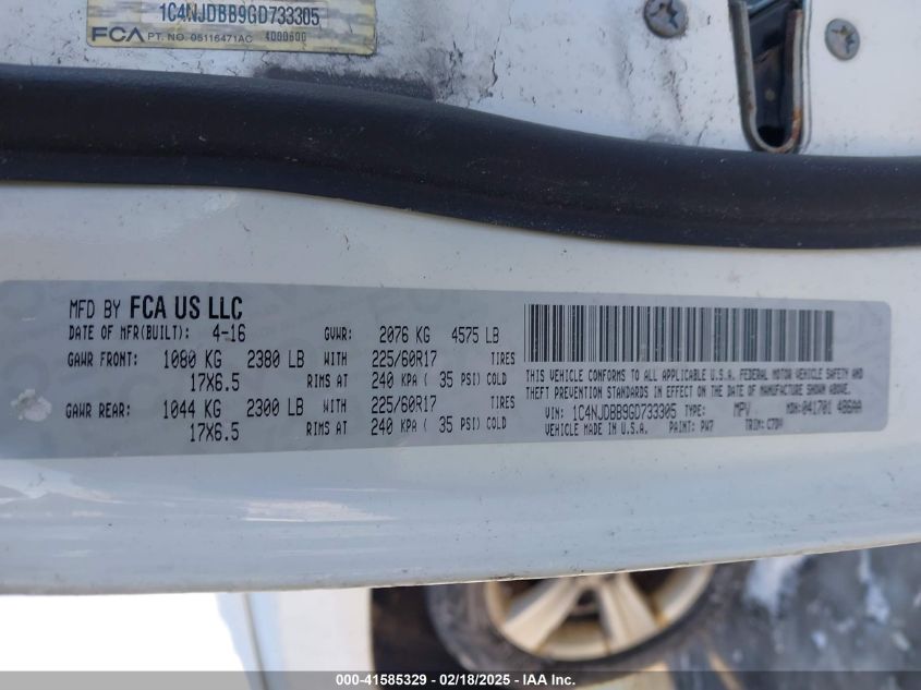 2016 Jeep Compass Sport VIN: 1C4NJDBB9GD733305 Lot: 41585329