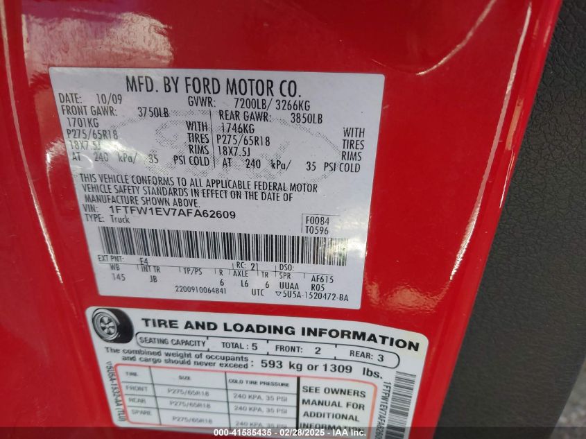 2010 Ford F-150 Fx4/Harley-Davidson/King Ranch/Lariat/Platinum/Xl/Xlt VIN: 1FTFW1EV7AFA62609 Lot: 41585435