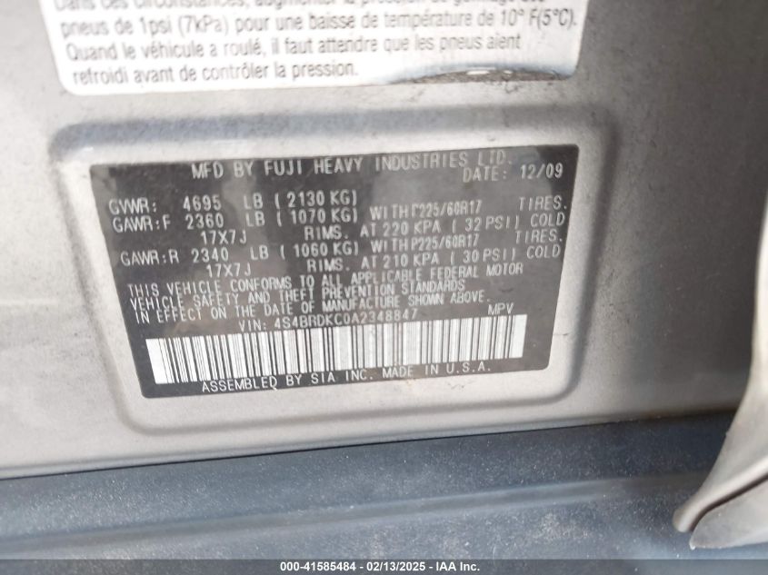 2010 Subaru Outback 3.6R Limited VIN: 4S4BRDKC0A2348847 Lot: 41585484