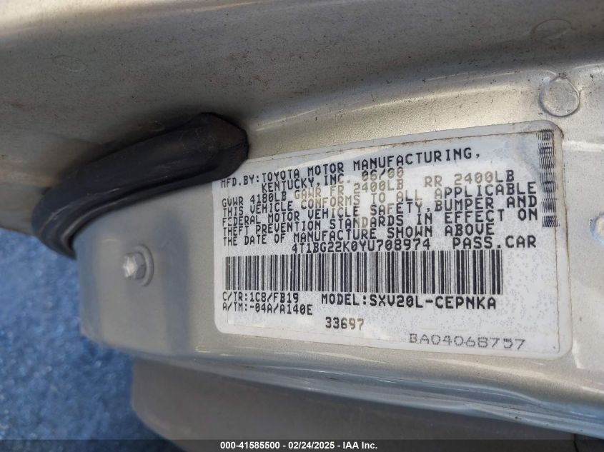 2000 Toyota Camry Le VIN: 4T1BG22K0YU70897 Lot: 41585500