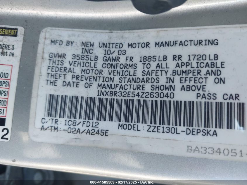 2004 Toyota Corolla S VIN: 1NXBR32E54Z26304 Lot: 41585509