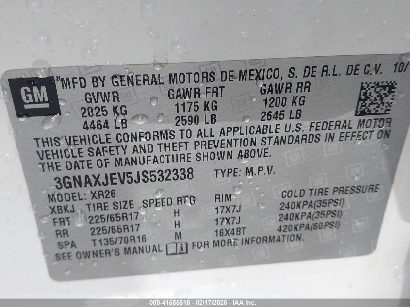 2018 Chevrolet Equinox Lt VIN: 3GNAXJEV5JS532338 Lot: 41585518