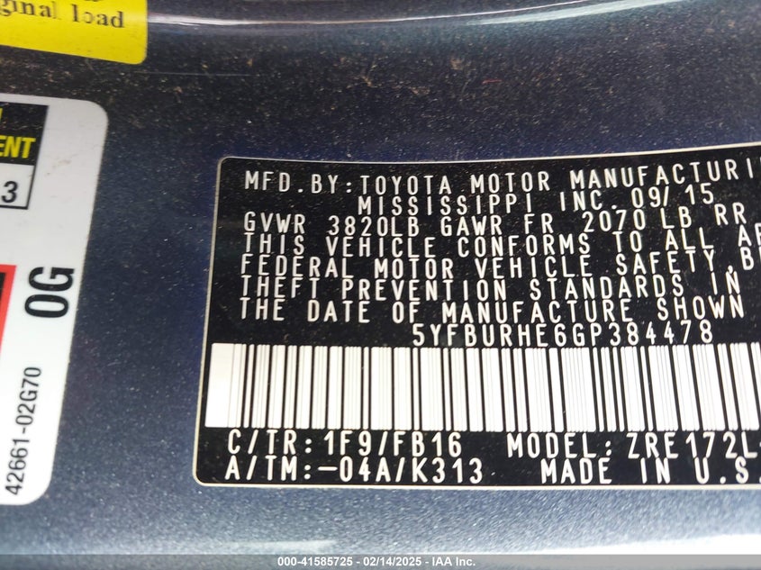 2016 TOYOTA COROLLA LE - 5YFBURHE6GP384478