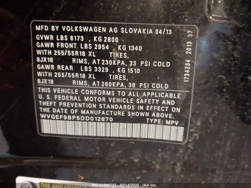 2013 VOLKSWAGEN TOUAREG VR6 SPORT - WVGEF9BP5DD012870