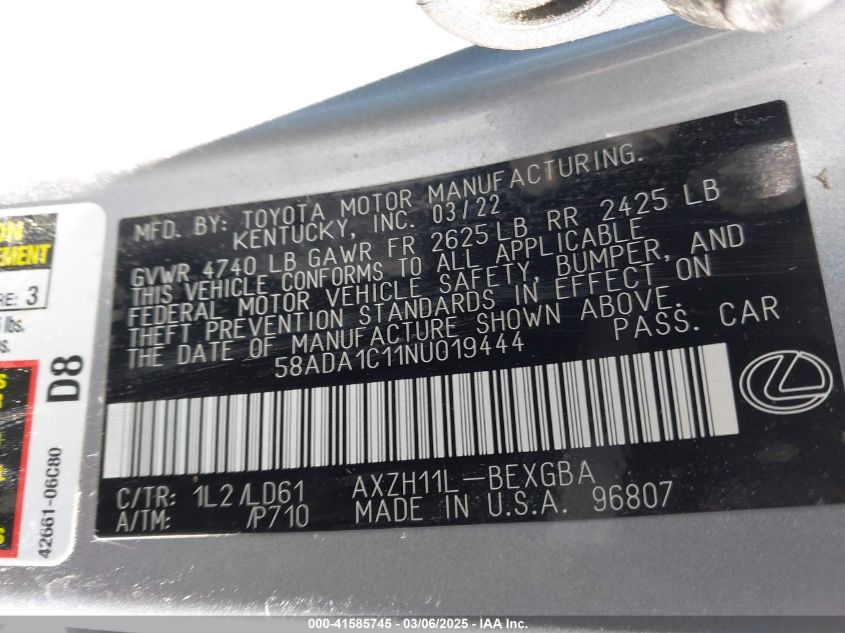 2022 Lexus Es 300H VIN: 58ADA1C11NU019444 Lot: 41585745