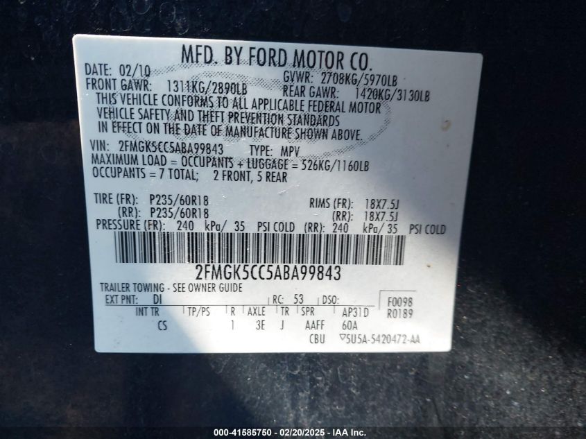 2010 Ford Flex Sel VIN: 2FMGK5CC5ABA99843 Lot: 41585750