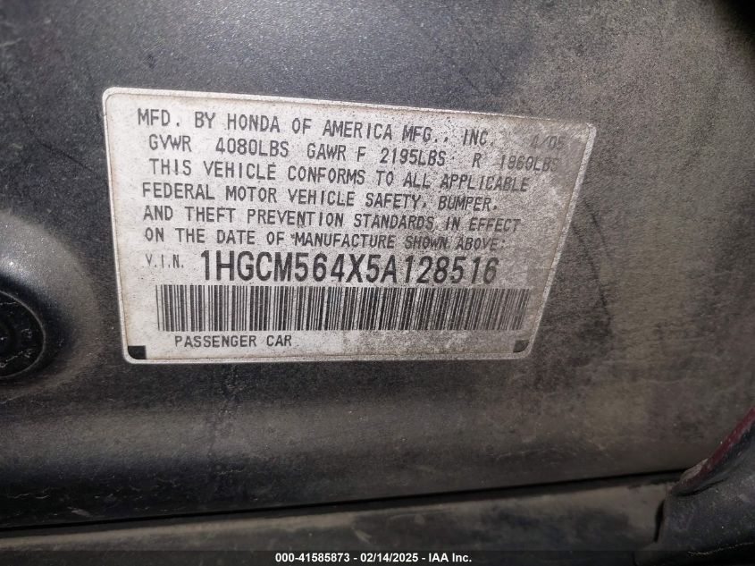 2005 Honda Accord 2.4 Lx VIN: 1HGCM564X5A128516 Lot: 41585873