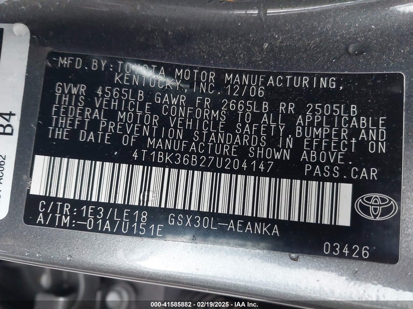 2007 TOYOTA AVALON VIN: 4T1BK36B27U204147