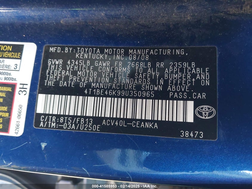 2009 TOYOTA CAMRY VIN: 4T1BE46K99U350965