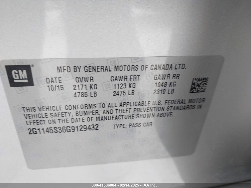 2016 CHEVROLET IMPALA VIN: 2G1145S36G9129432
