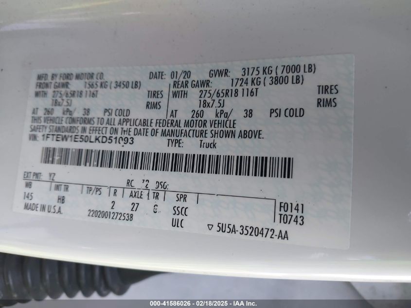 2020 Ford F-150 Lariat VIN: 1FTEW1E54LKD51095 Lot: 41586026