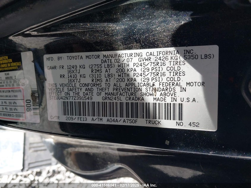 2007 TOYOTA TACOMA VIN: 5TEUU42N77Z391549