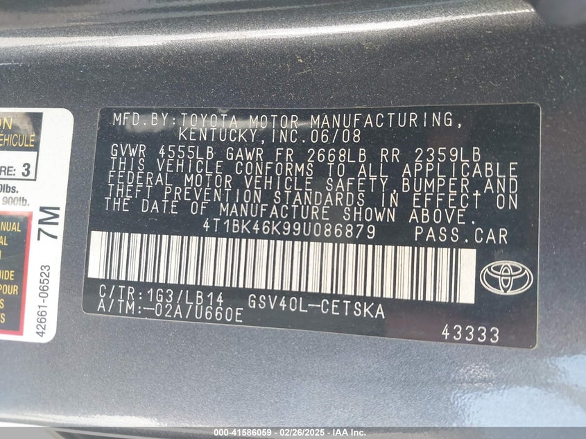 2009 TOYOTA CAMRY VIN: 4T1BK46K99U086879
