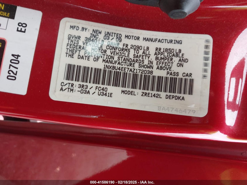 2010 TOYOTA COROLLA VIN: 1NXBU4EE7AZ172038