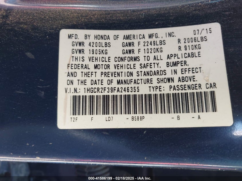 2015 HONDA ACCORD VIN: 1HGCR2F39FA246355