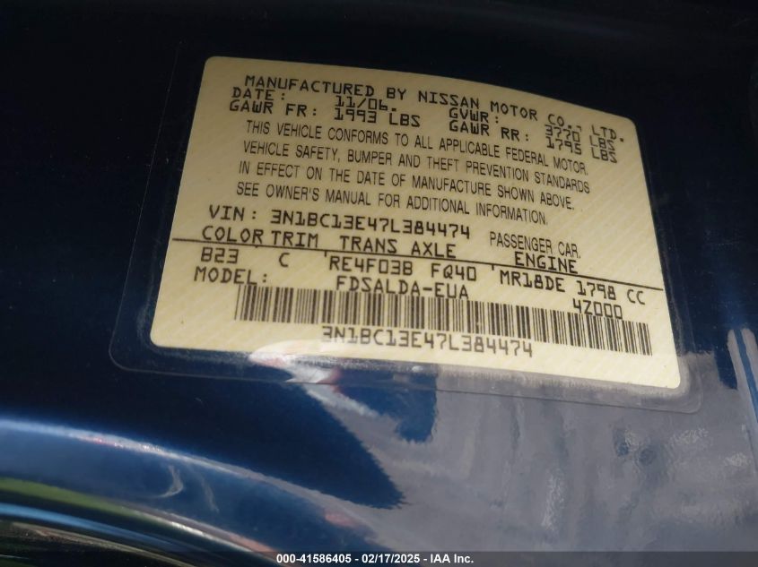 2007 Nissan Versa 1.8S VIN: 3N1BC13E47L384474 Lot: 41586405