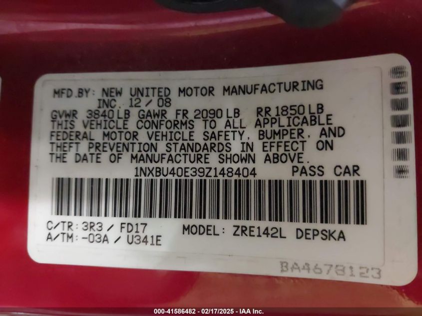 2009 Toyota Corolla S VIN: 1NXBU40E39Z148404 Lot: 41586482