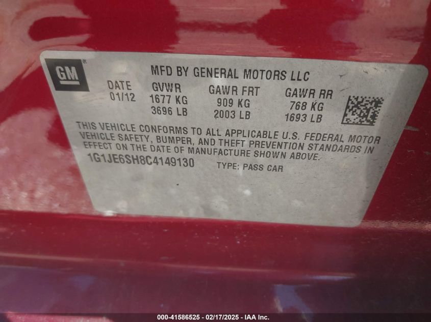 2012 Chevrolet Sonic 2Lz VIN: 1G1JE6SH8C4149130 Lot: 41586525