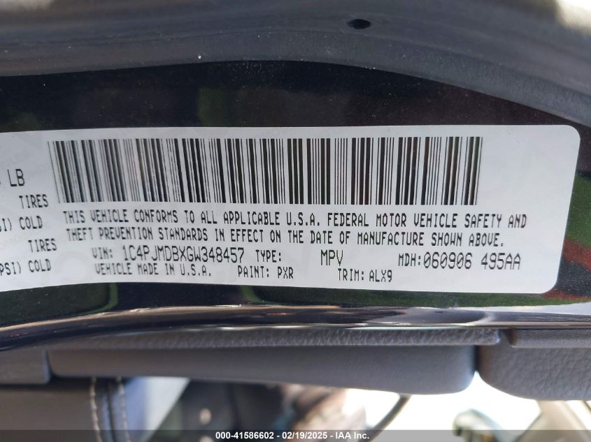 2016 Jeep Cherokee Limited VIN: 1C4PJMDBXGW348457 Lot: 41586602