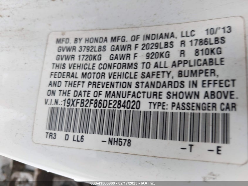 2013 Honda Civic Ex VIN: 19XFB2F86DE284020 Lot: 41586989