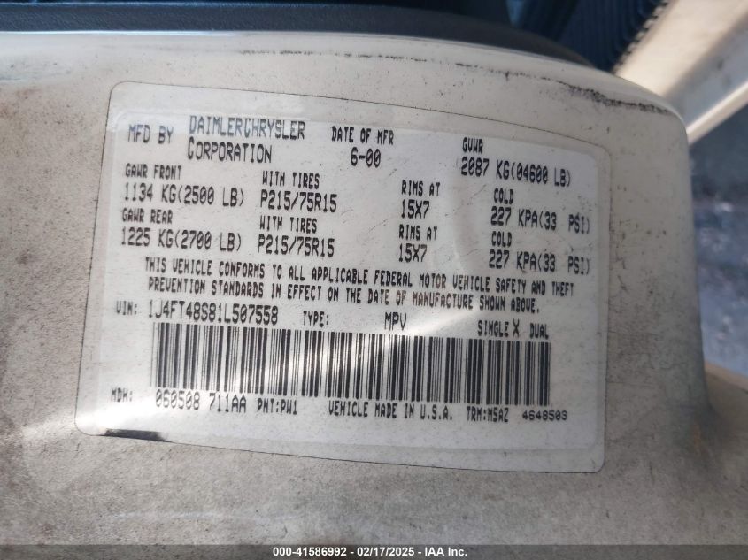 2001 Jeep Cherokee Sport VIN: 1J4FT48S81L507558 Lot: 41586992