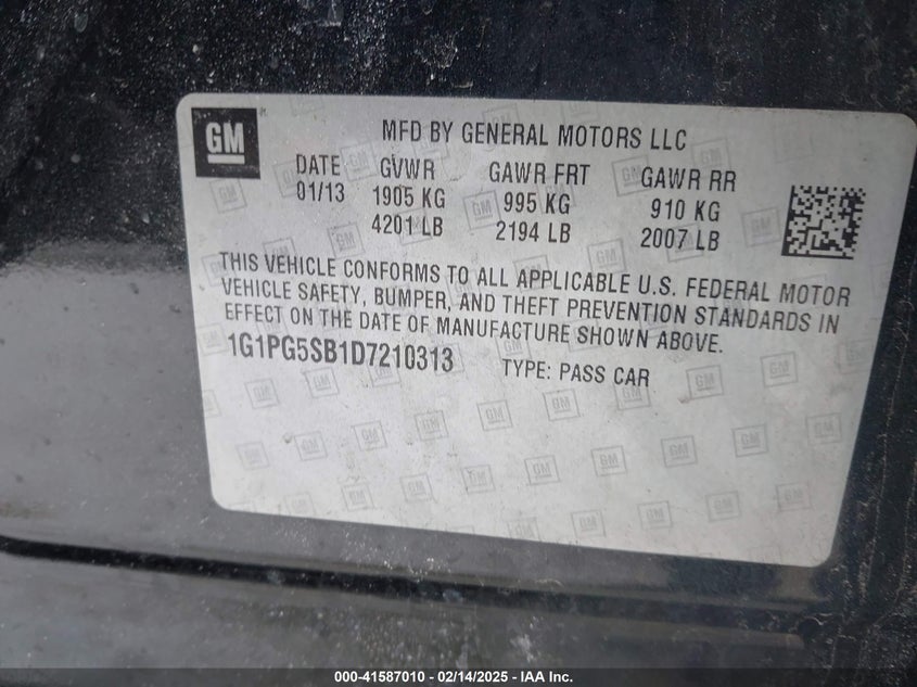 2013 CHEVROLET CRUZE VIN: 1G1PG5SB1D7210313