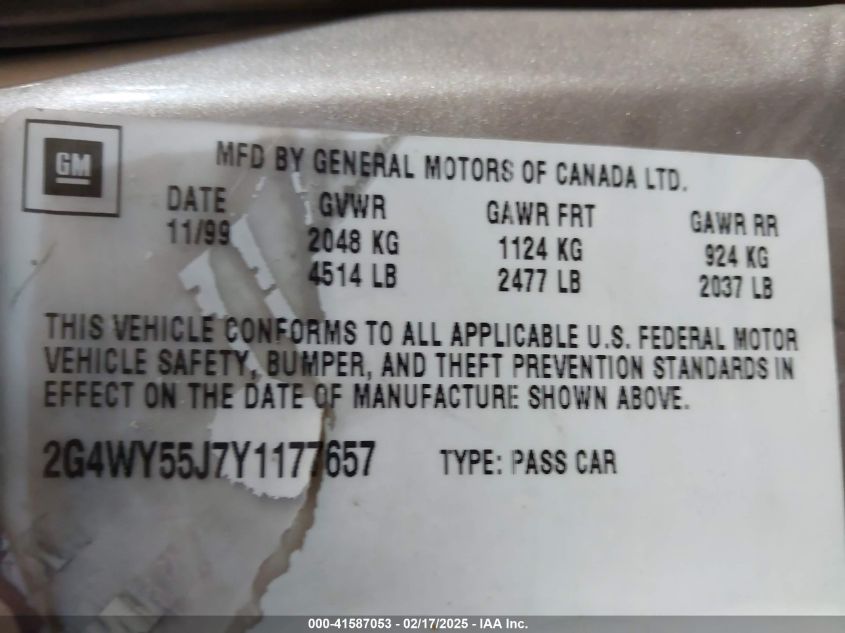 2000 Buick Century Limited VIN: 2G4WY55J7Y11776 Lot: 41587053