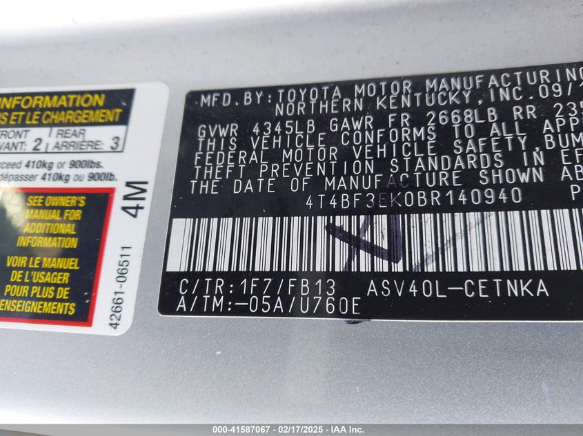 2011 TOYOTA CAMRY VIN: 4T4BF3EK0BR140940