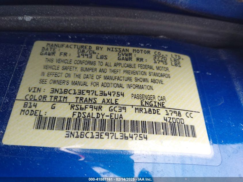 2007 Nissan Versa 1.8S VIN: 3N1BC13E97L364754 Lot: 41587161